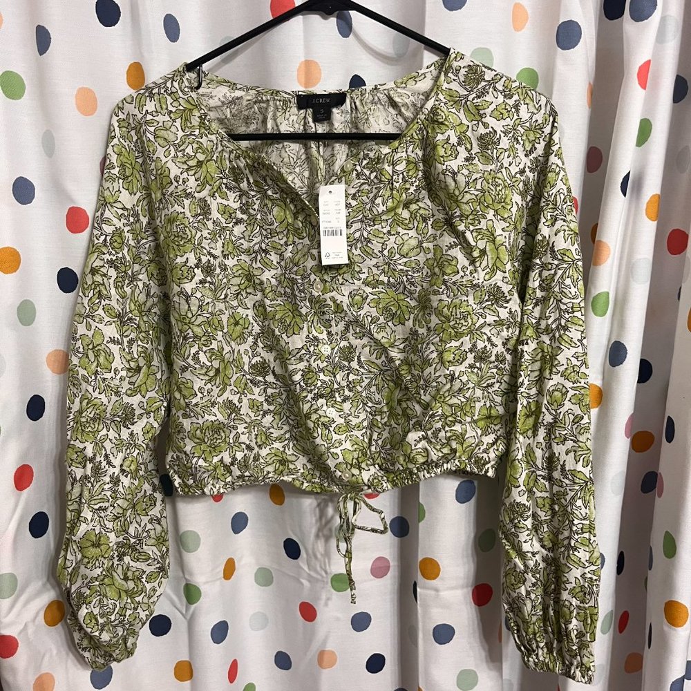 J. Crew Long-Sleeve Linen Crop Top (Tossed Floral) (Size S)